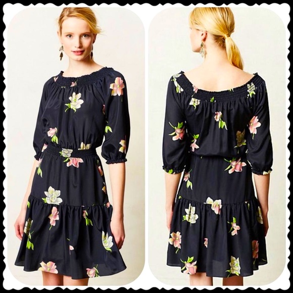 Anthropologie Dresses & Skirts - Lil Sz LP floral off the shoulder dress pockets puff sleeve Navy Pink Grey roses